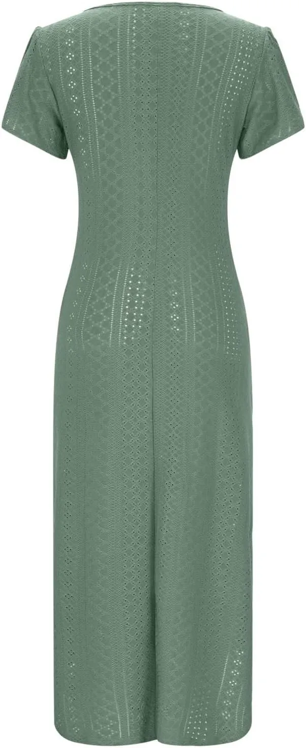 Maxi Dresses for Women 2025 Eyelet Casual Short Sleeve V-Neck Sundress Flowy Empire Waist Fashion Summer Dress
