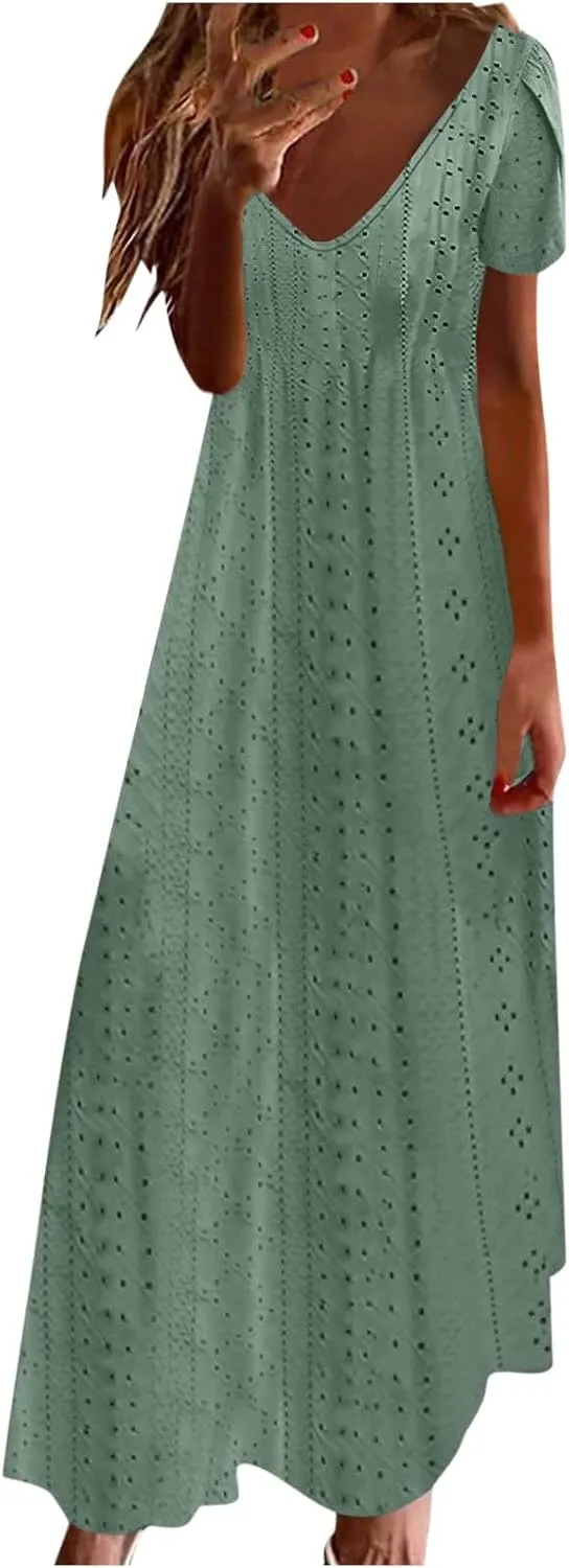 Maxi Dresses for Women 2025 Eyelet Casual Short Sleeve V-Neck Sundress Flowy Empire Waist Fashion Summer Dress