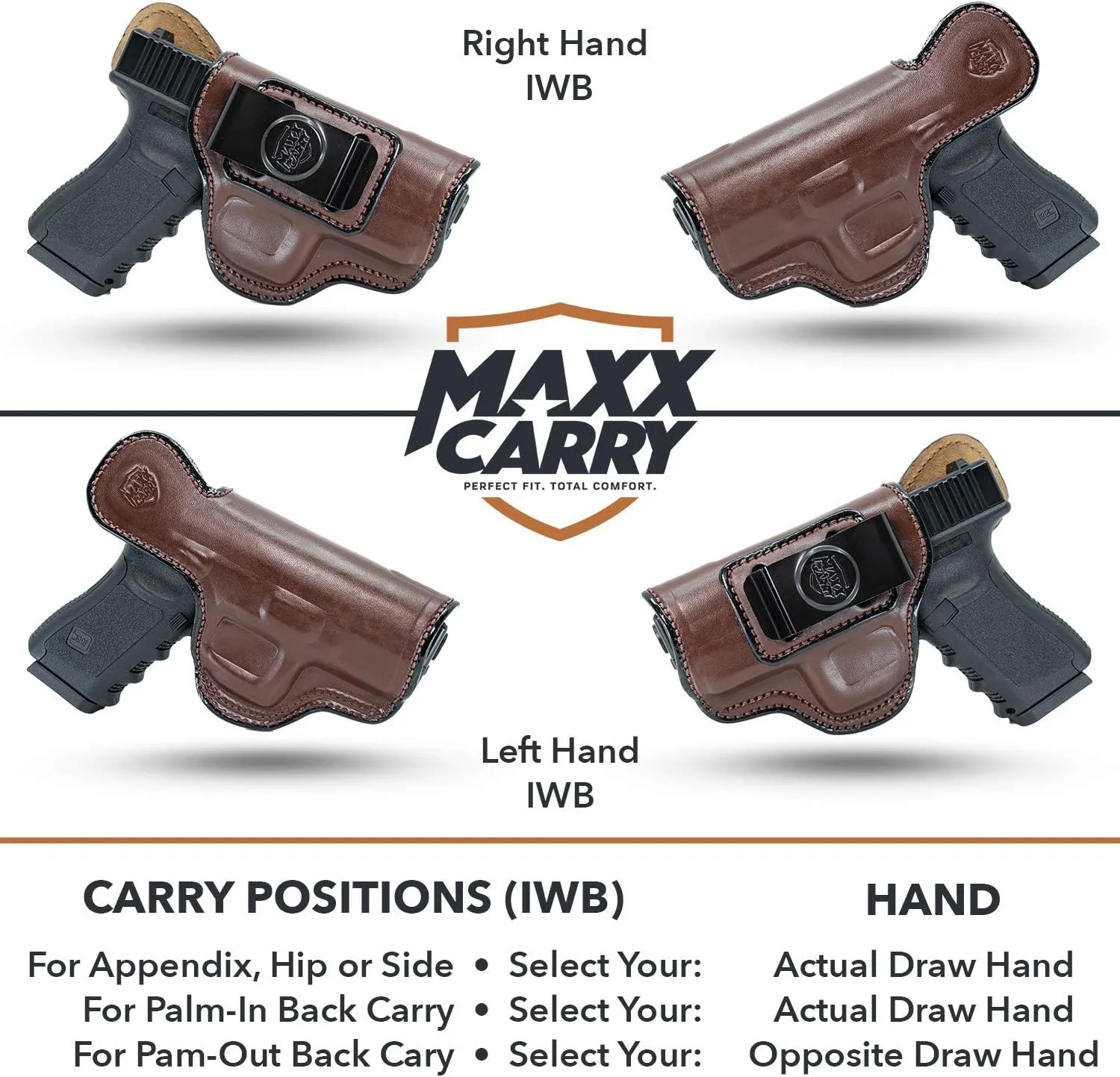 Maxx Carry IWB Leather Gun Holster Compatible with Glock 19 19X 23 32 | S&W M&P Shield 2.0 | Ruger Security 9, SR9c, SR40c | Sig Sauer P239, P250 Subcompact