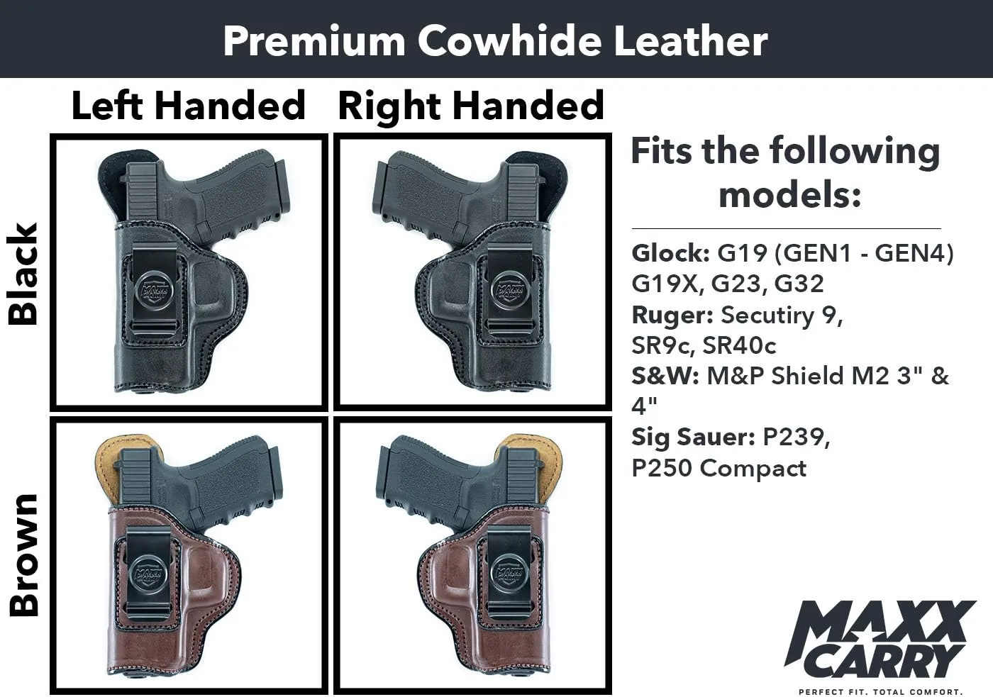 Maxx Carry IWB Leather Gun Holster Compatible with Glock 19 19X 23 32 | S&W M&P Shield 2.0 | Ruger Security 9, SR9c, SR40c | Sig Sauer P239, P250 Subcompact