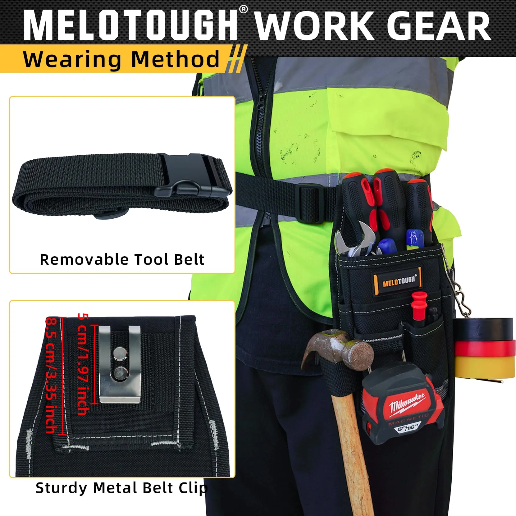 MELOTOUGH Pocket Tool Pouch Tool Belt Pouches with Belt Clip Utility Mini Tool Organizer Pouch for Electrician,Carpenter,Construction,Technician Grey