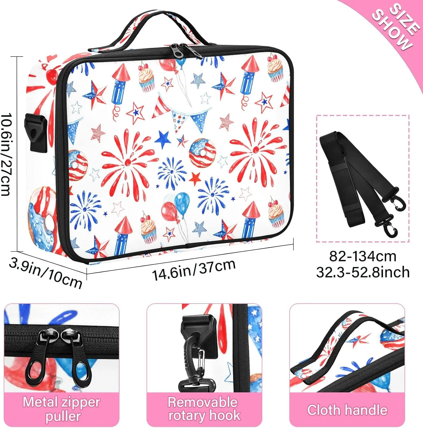 Memorial Day July 4th Red, White, Blue Fireworks, Stars, Balloons Women's Portable Makeup Bag with Handle, Cosmetic Bag, Adjustable Dividers, Travel Cosmetic Toiletry Storage Organizer for women