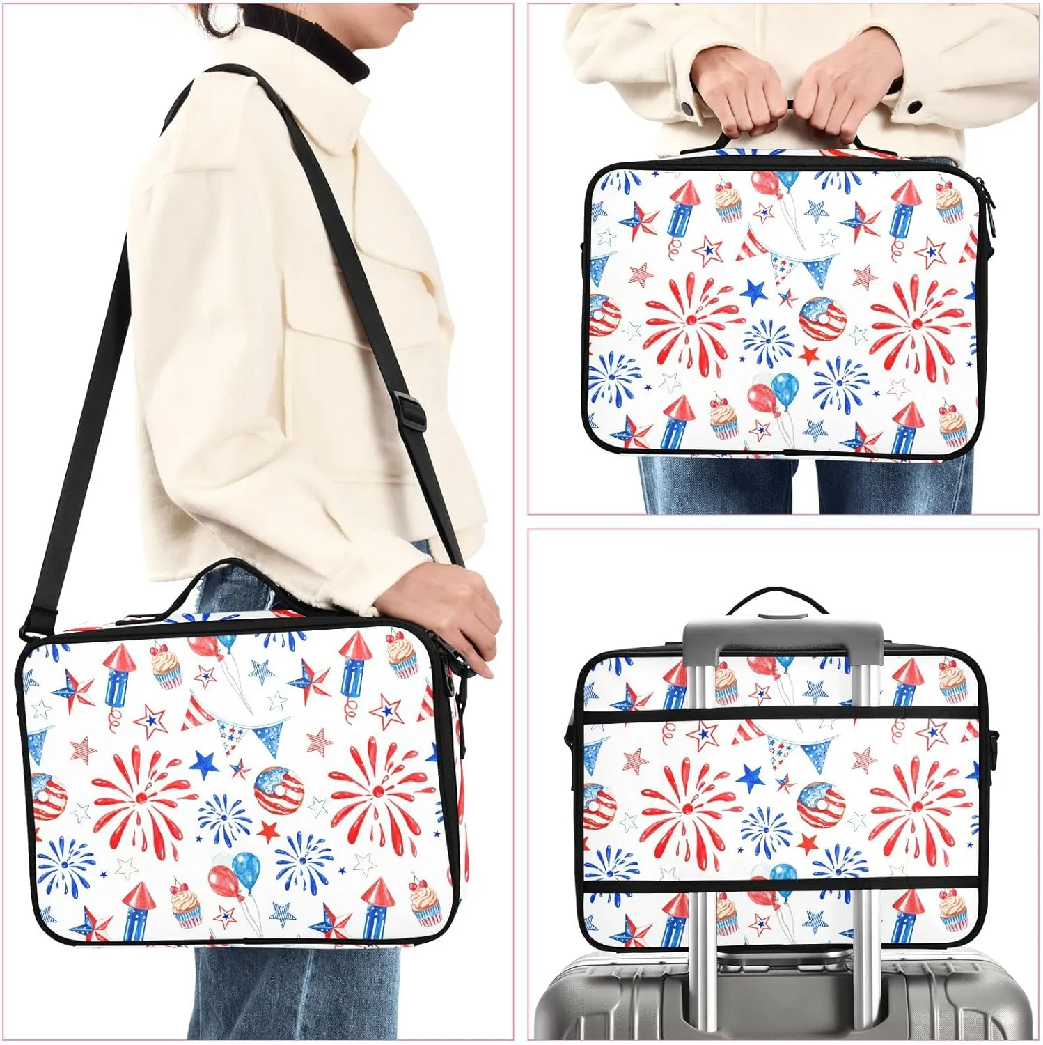 Memorial Day July 4th Red, White, Blue Fireworks, Stars, Balloons Women's Portable Makeup Bag with Handle, Cosmetic Bag, Adjustable Dividers, Travel Cosmetic Toiletry Storage Organizer for women