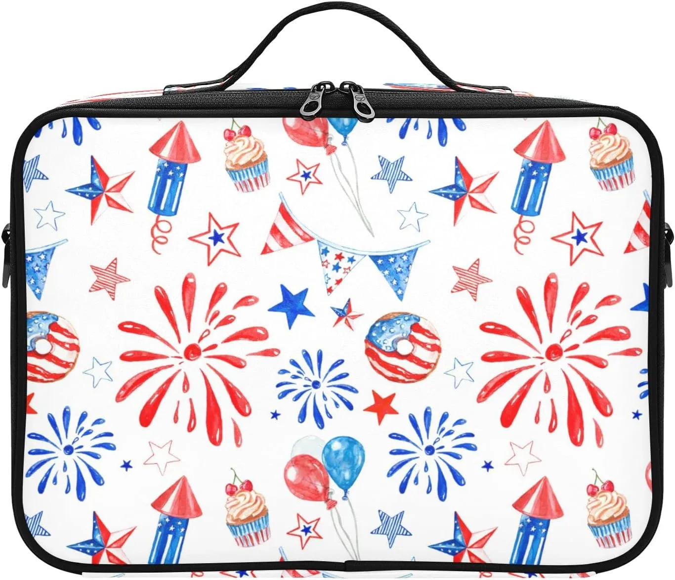 Memorial Day July 4th Red, White, Blue Fireworks, Stars, Balloons Women's Portable Makeup Bag with Handle, Cosmetic Bag, Adjustable Dividers, Travel Cosmetic Toiletry Storage Organizer for women