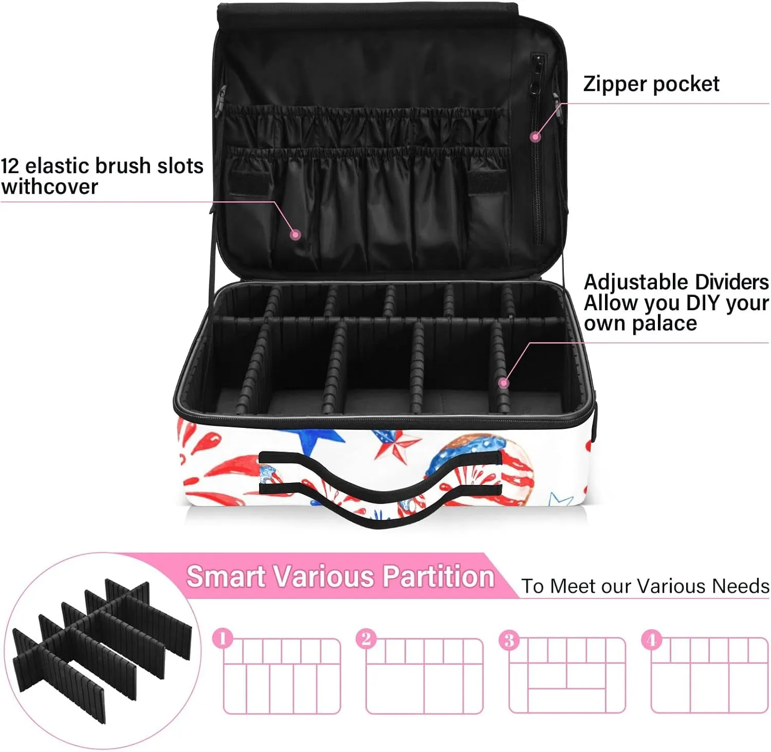 Memorial Day July 4th Red, White, Blue Fireworks, Stars, Balloons Women's Portable Makeup Bag with Handle, Cosmetic Bag, Adjustable Dividers, Travel Cosmetic Toiletry Storage Organizer for women