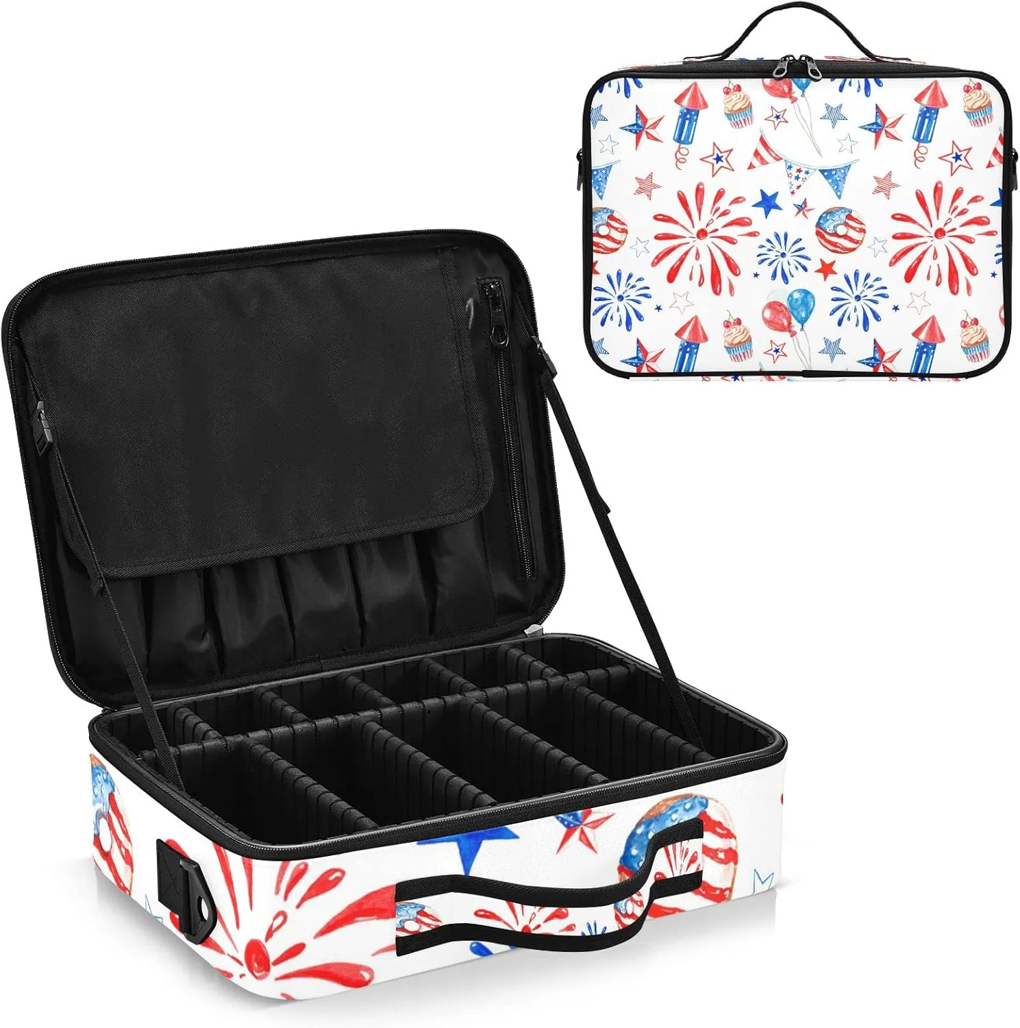 Memorial Day July 4th Red, White, Blue Fireworks, Stars, Balloons Women's Portable Makeup Bag with Handle, Cosmetic Bag, Adjustable Dividers, Travel Cosmetic Toiletry Storage Organizer for women