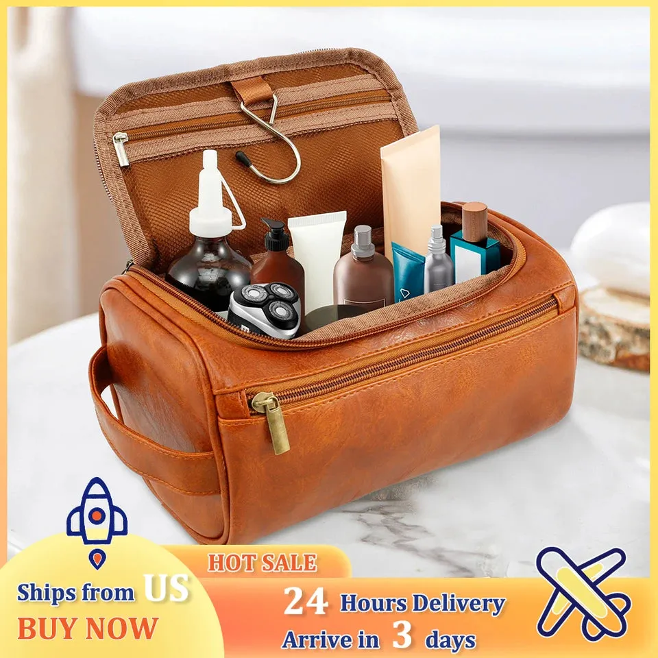 Men Business Toiletry Bag Leather Portable Toiletries Storage Bag Large Capacity Hanging Travel Waterproof Shaving Cosmetic Bag