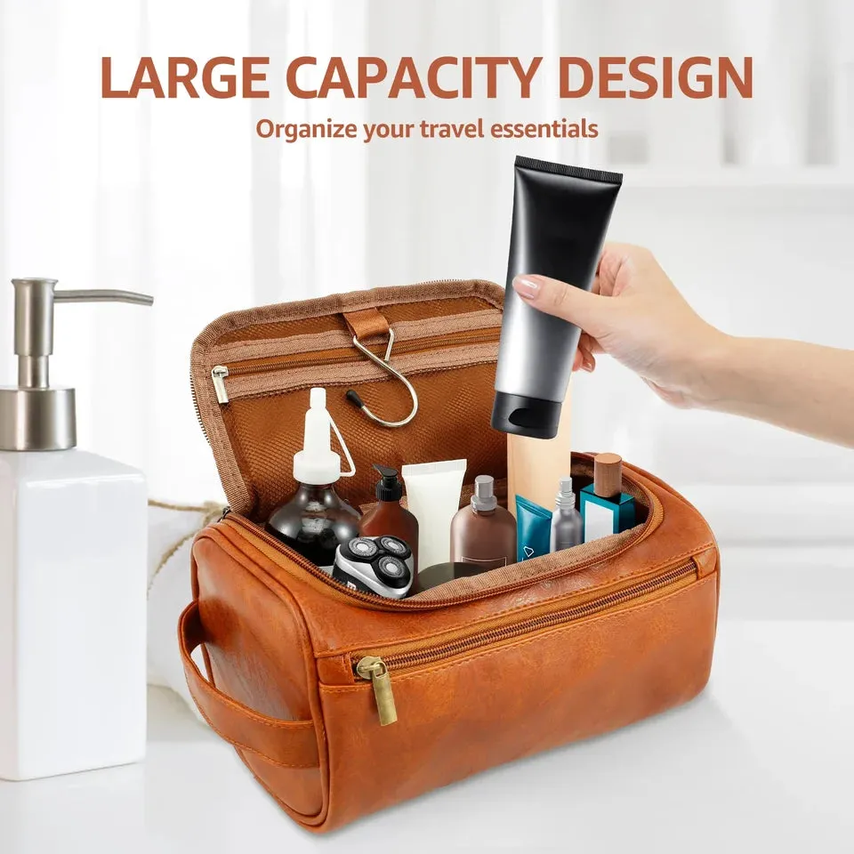 Men Business Toiletry Bag Leather Portable Toiletries Storage Bag Large Capacity Hanging Travel Waterproof Shaving Cosmetic Bag