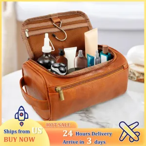 Men Business Toiletry Bag Leather Portable Toiletries Storage Bag Large Capacity Hanging Travel Waterproof Shaving Cosmetic Bag