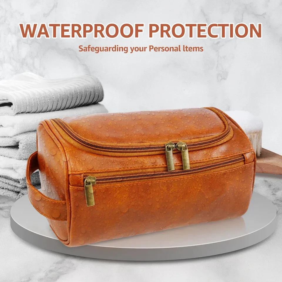 Men Business Toiletry Bag Leather Portable Toiletries Storage Bag Large Capacity Hanging Travel Waterproof Shaving Cosmetic Bag
