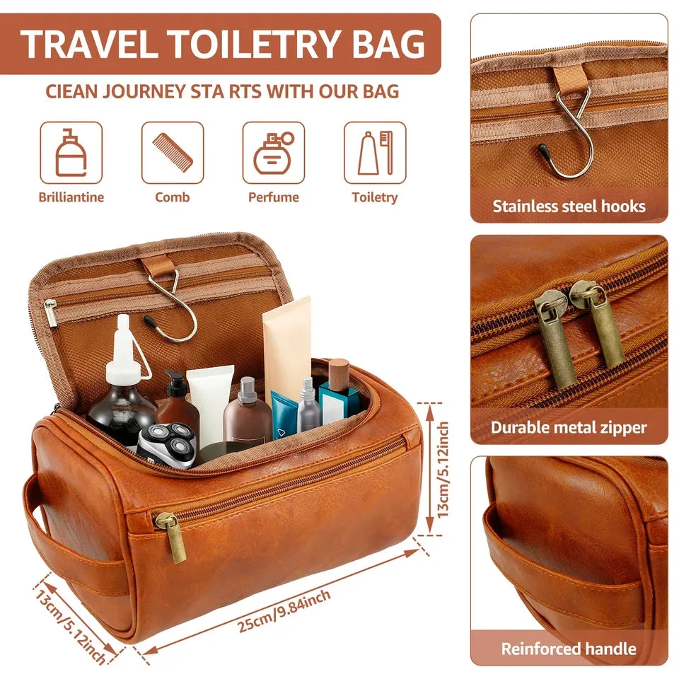 Men Business Toiletry Bag Leather Portable Toiletries Storage Bag Large Capacity Hanging Travel Waterproof Shaving Cosmetic Bag