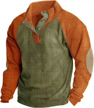 Mens 1/4 Button Up Waffle Sweatshirts Casual Raglan Sleeve Lapel Collar Corduroy Pullover Sweaters Rugged Polos Shirt