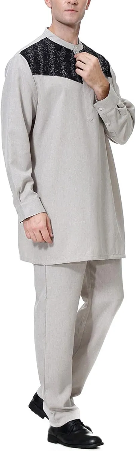 Men's 2 Pieces 80s 90s Outfit Muslim Robe Set Arab Middle Robe Pattern Embroidery Medium Long Sleeve Prayer Robe