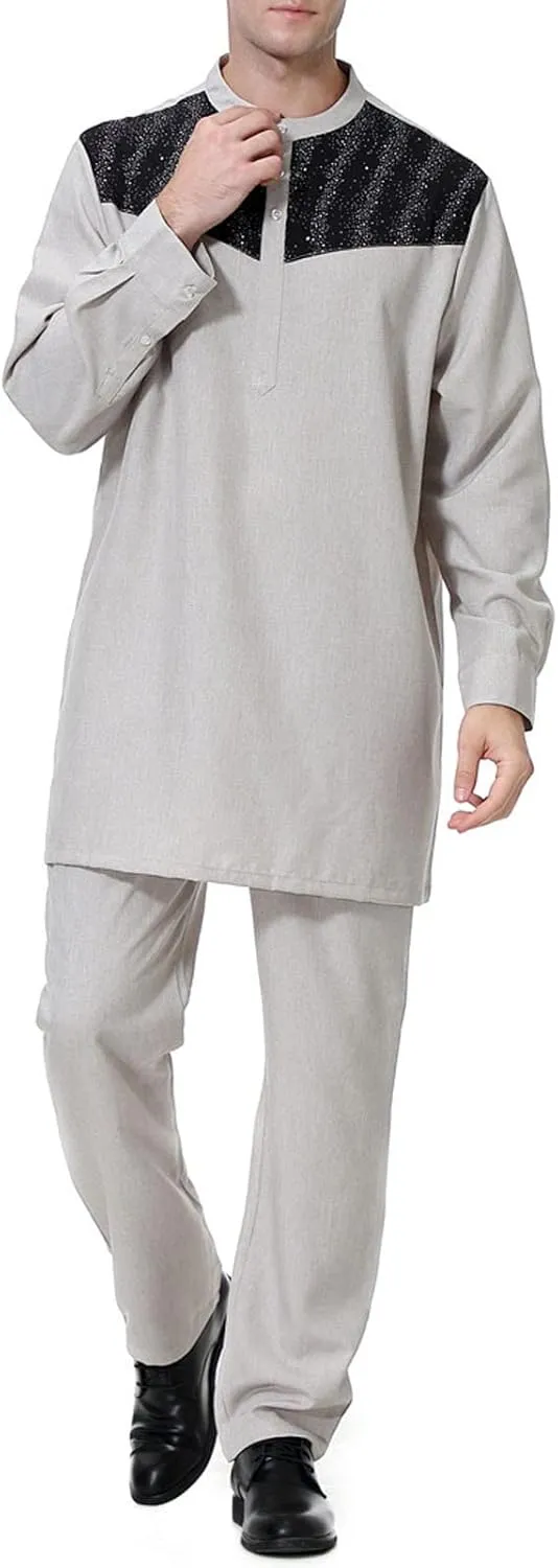 Men's 2 Pieces 80s 90s Outfit Muslim Robe Set Arab Middle Robe Pattern Embroidery Medium Long Sleeve Prayer Robe