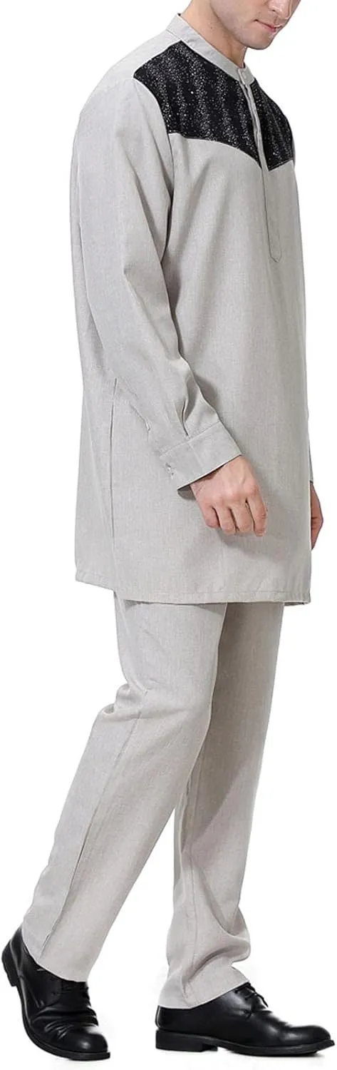 Men's 2 Pieces 80s 90s Outfit Muslim Robe Set Arab Middle Robe Pattern Embroidery Medium Long Sleeve Prayer Robe