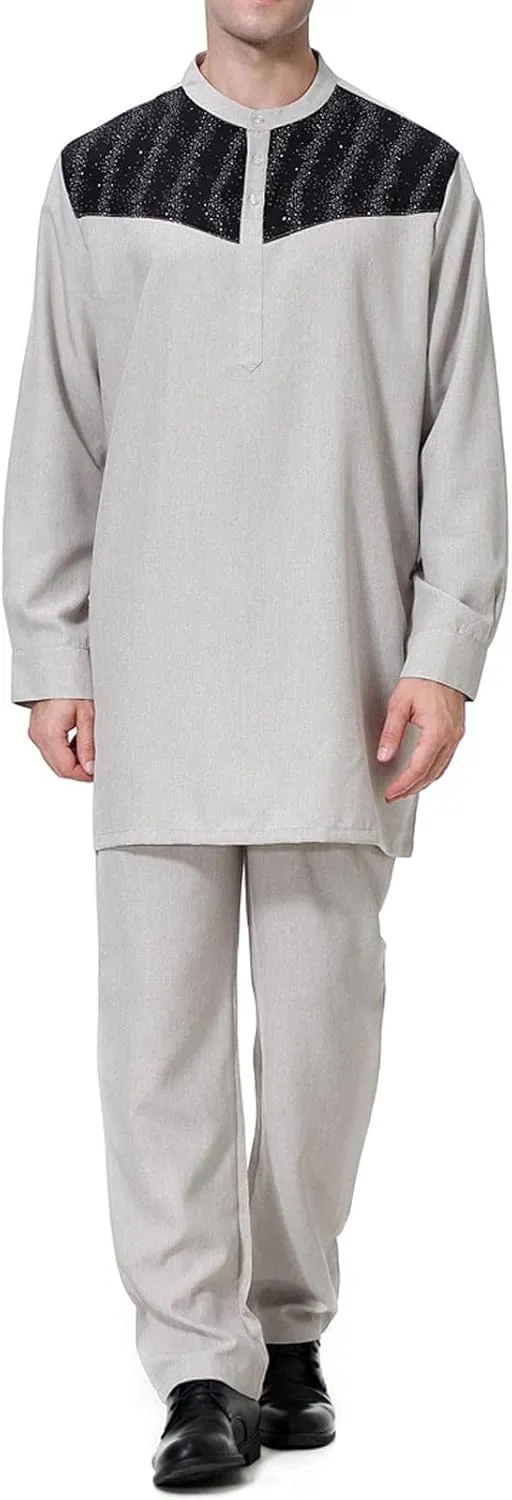 Men's 2 Pieces 80s 90s Outfit Muslim Robe Set Arab Middle Robe Pattern Embroidery Medium Long Sleeve Prayer Robe