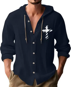 Mens 4th of July Linen Hoodie Shirts Long Sleeve Button Down Shirt American Flag Pullover Summer Hawaiian Beach Tops