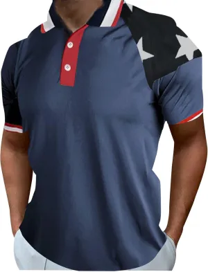 Mens 4th of July Polo Shirts American Flag Patriotic Performance Golf Shirt Short Sleeve Raglan Button Down T-Shirts