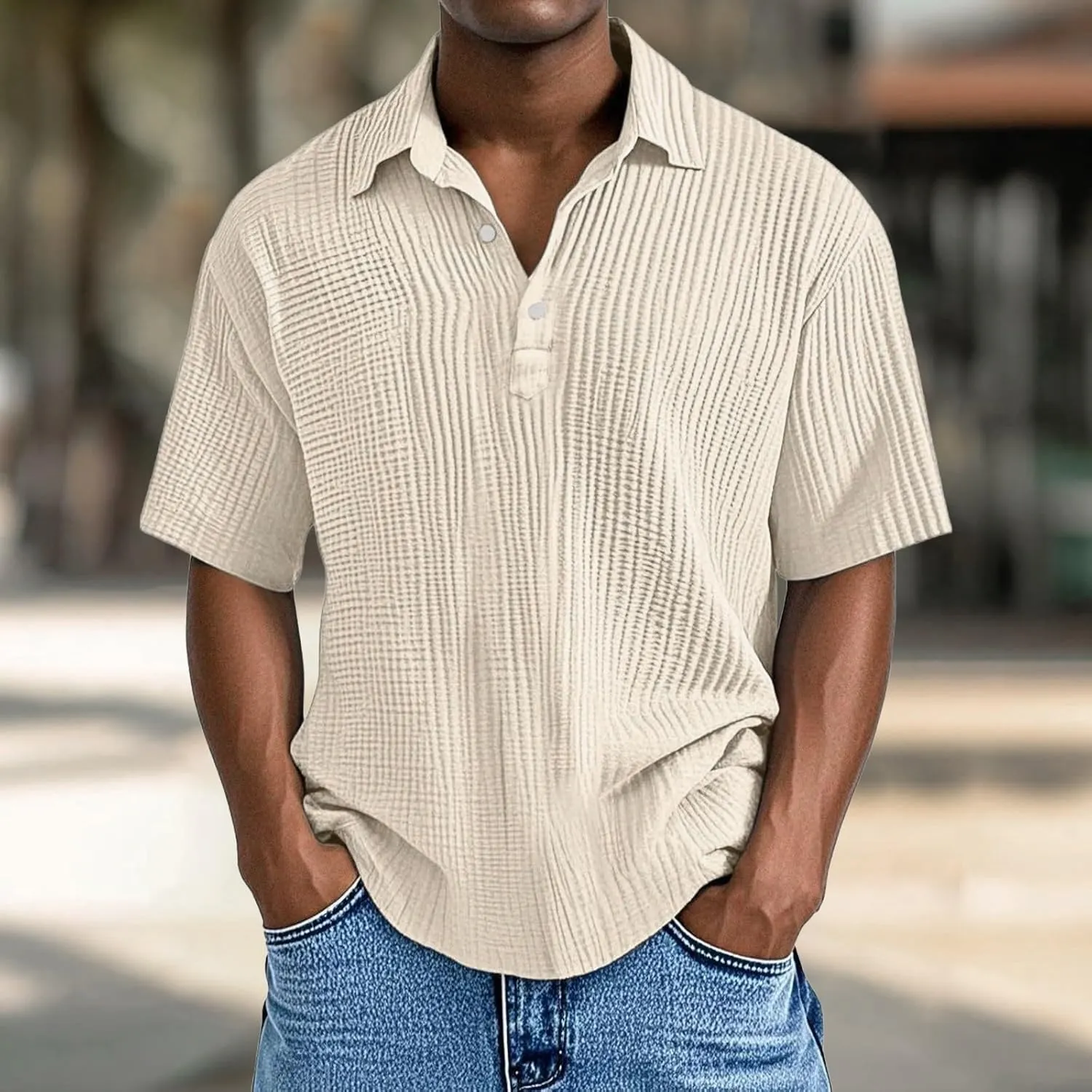 Men's Button Polo Shirt Textured Casual Knit Short Sleeve Polo T Shirt Summer Beach Holiday Stretchy Golf Shirts