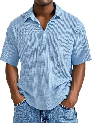 Men's Button Polo Shirt Textured Casual Knit Short Sleeve Polo T Shirt Summer Beach Holiday Stretchy Golf Shirts