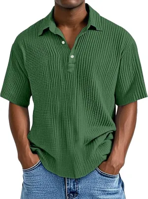 Men's Button Polo Shirt Textured Casual Knit Short Sleeve Polo T Shirt Summer Beach Holiday Stretchy Golf Shirts