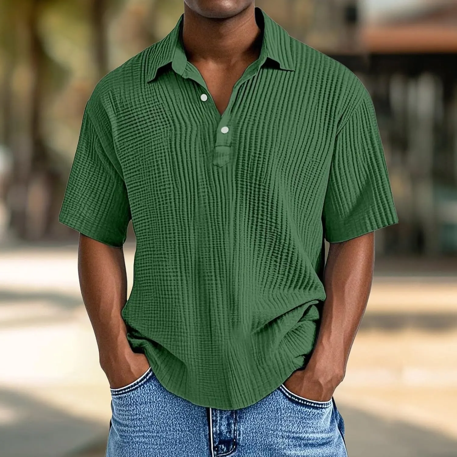 Men's Button Polo Shirt Textured Casual Knit Short Sleeve Polo T Shirt Summer Beach Holiday Stretchy Golf Shirts
