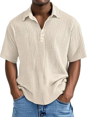 Men's Button Polo Shirt Textured Casual Knit Short Sleeve Polo T Shirt Summer Beach Holiday Stretchy Golf Shirts