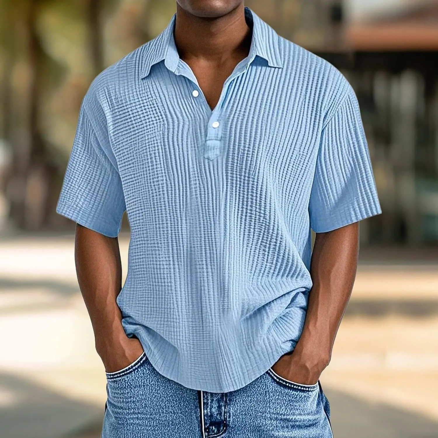 Men's Button Polo Shirt Textured Casual Knit Short Sleeve Polo T Shirt Summer Beach Holiday Stretchy Golf Shirts