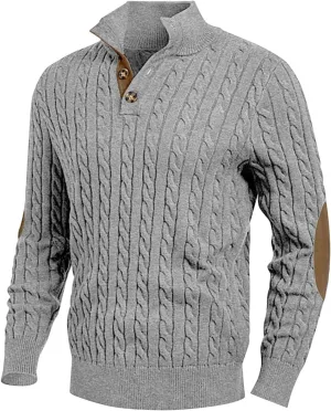 Mens Cable Knit Pullover Sweater Casual Stand Collar Button Long Sleeve Sweaters Twisted Crochet Warm Stitching Tops