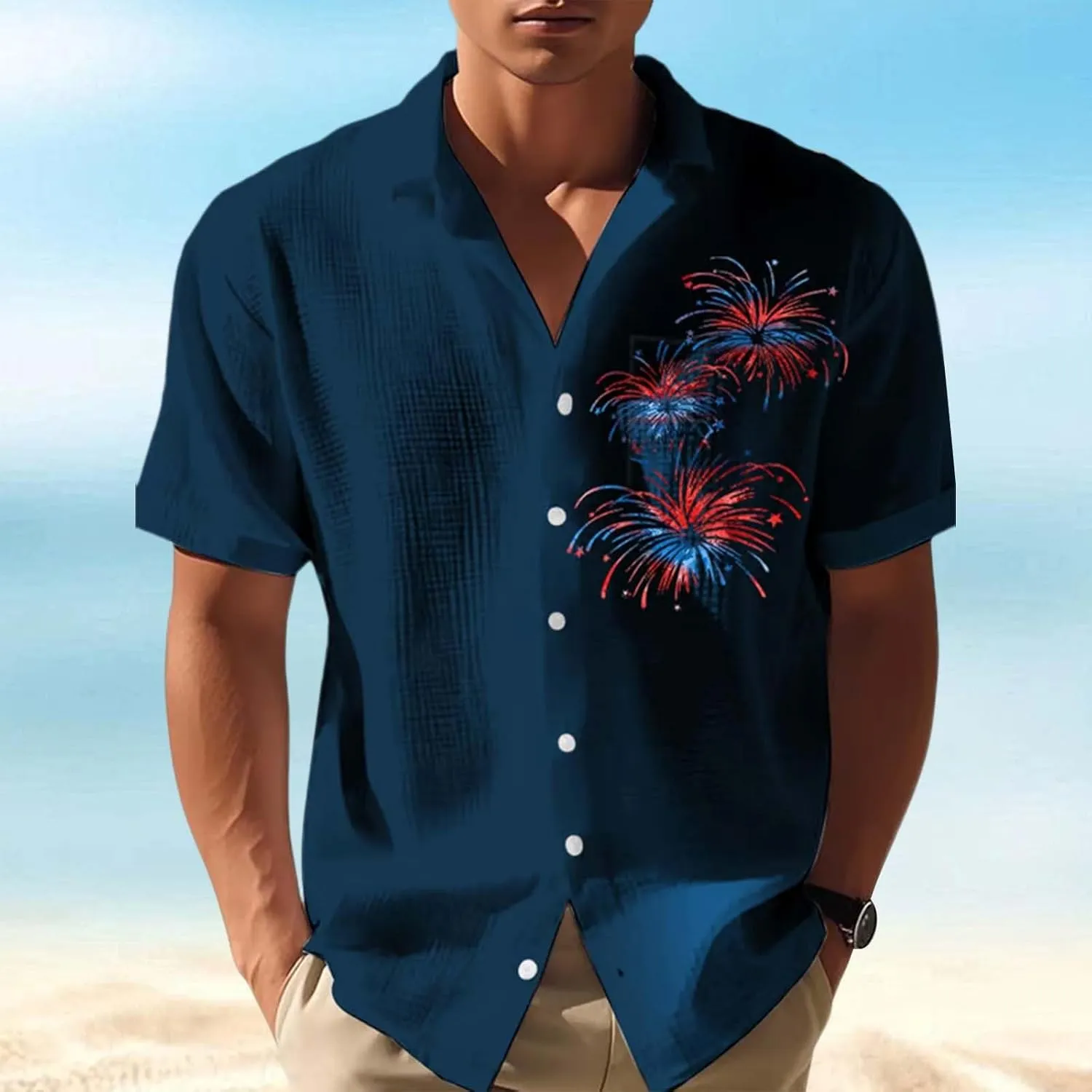 Men's Casual Independence Day Shirt 4th of July Christian American Flag Waffle Tshirt Short Sleeve Button Down Shirts