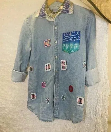 Men's Denim Patchwork Embellished Shirt