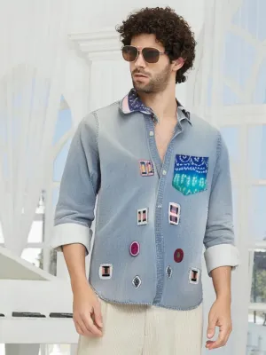 Men's Denim Patchwork Embellished Shirt