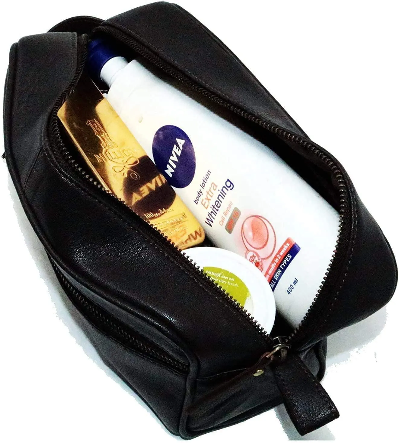 Men's Genuine Leather Toiletry Bag Waterproof Dopp Kit Shaving Bags and Grooming for Travel Groomsmen Gift Men Women Hanging Zippered Makeup Bathroom Cosmetic Pouch Case Make Up kit