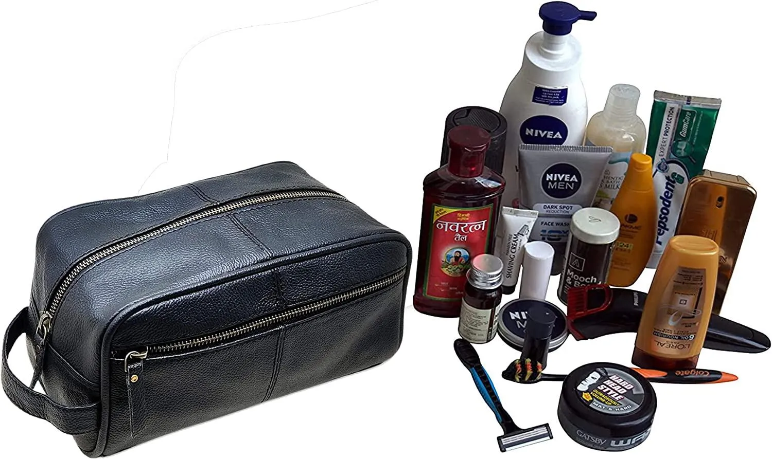 Men's Genuine Leather Toiletry Bag Waterproof Dopp Kit Shaving Bags and Grooming for Travel Groomsmen Gift Men Women Hanging Zippered Makeup Bathroom Cosmetic Pouch Case Make Up kit