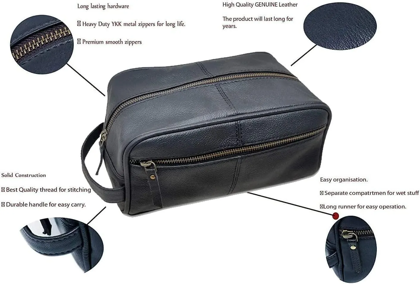 Men's Genuine Leather Toiletry Bag Waterproof Dopp Kit Shaving Bags and Grooming for Travel Groomsmen Gift Men Women Hanging Zippered Makeup Bathroom Cosmetic Pouch Case Make Up kit