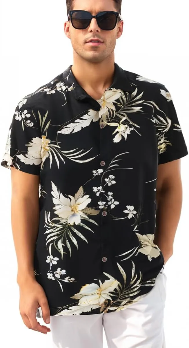 Men's Hawaiian Floral Shirts Silk and Linen Button Down Casual Tropical Holiday Beach Shirts