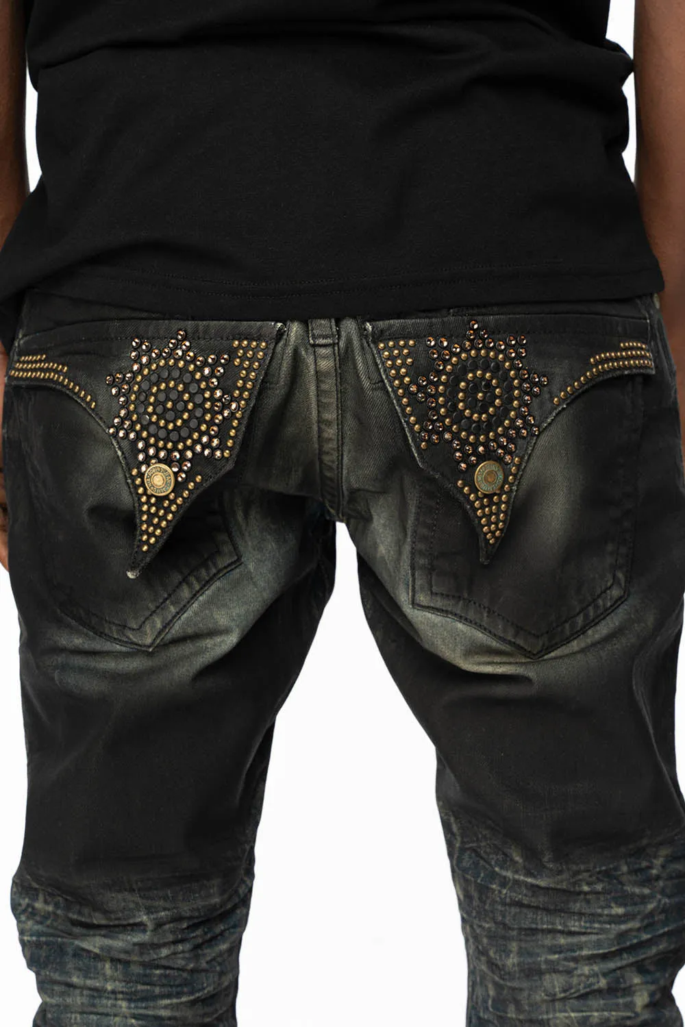 MENS LONG FLAP SLIM JEANS WITH CRYSTALS AND NAILHEADS IN 5D SEMI COATING DNM