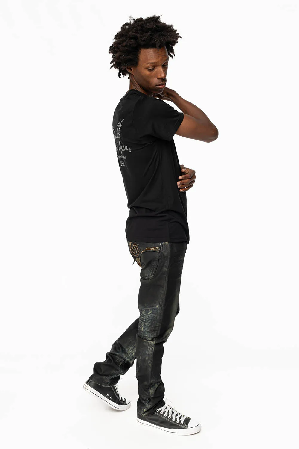 MENS LONG FLAP SLIM JEANS WITH CRYSTALS AND NAILHEADS IN 5D SEMI COATING DNM