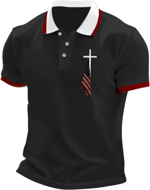 Men's Polo Shirts Short Sleeve American Flag Patriotic Shirt 4th of July Christian Cross USA Flag Print Tee Golf Tops