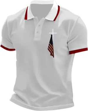 Men's Polo Shirts Short Sleeve American Flag Patriotic Shirt 4th of July Christian Cross USA Flag Print Tee Golf Tops