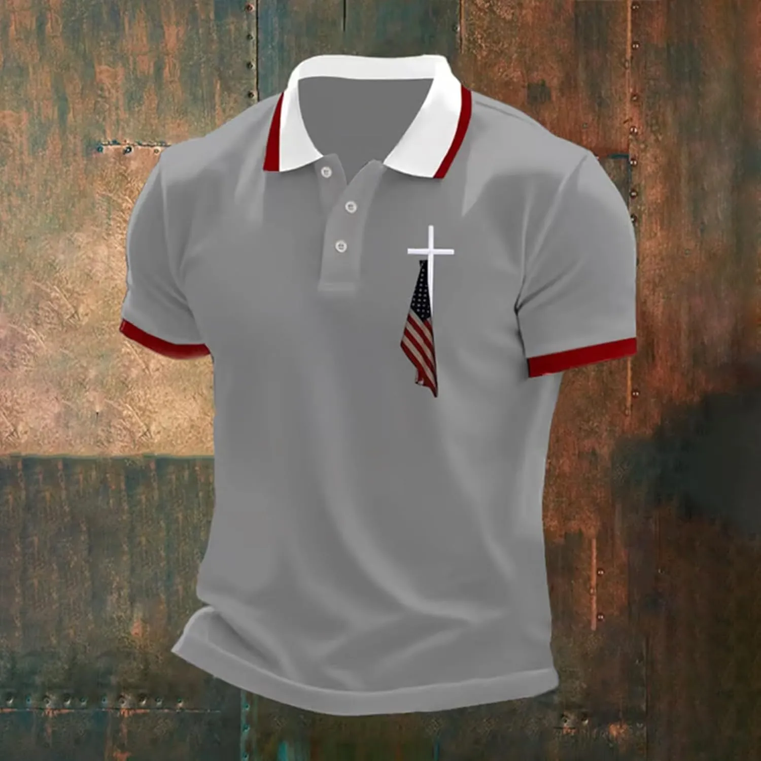Men's Polo Shirts Short Sleeve American Flag Patriotic Shirt 4th of July Christian Cross USA Flag Print Tee Golf Tops
