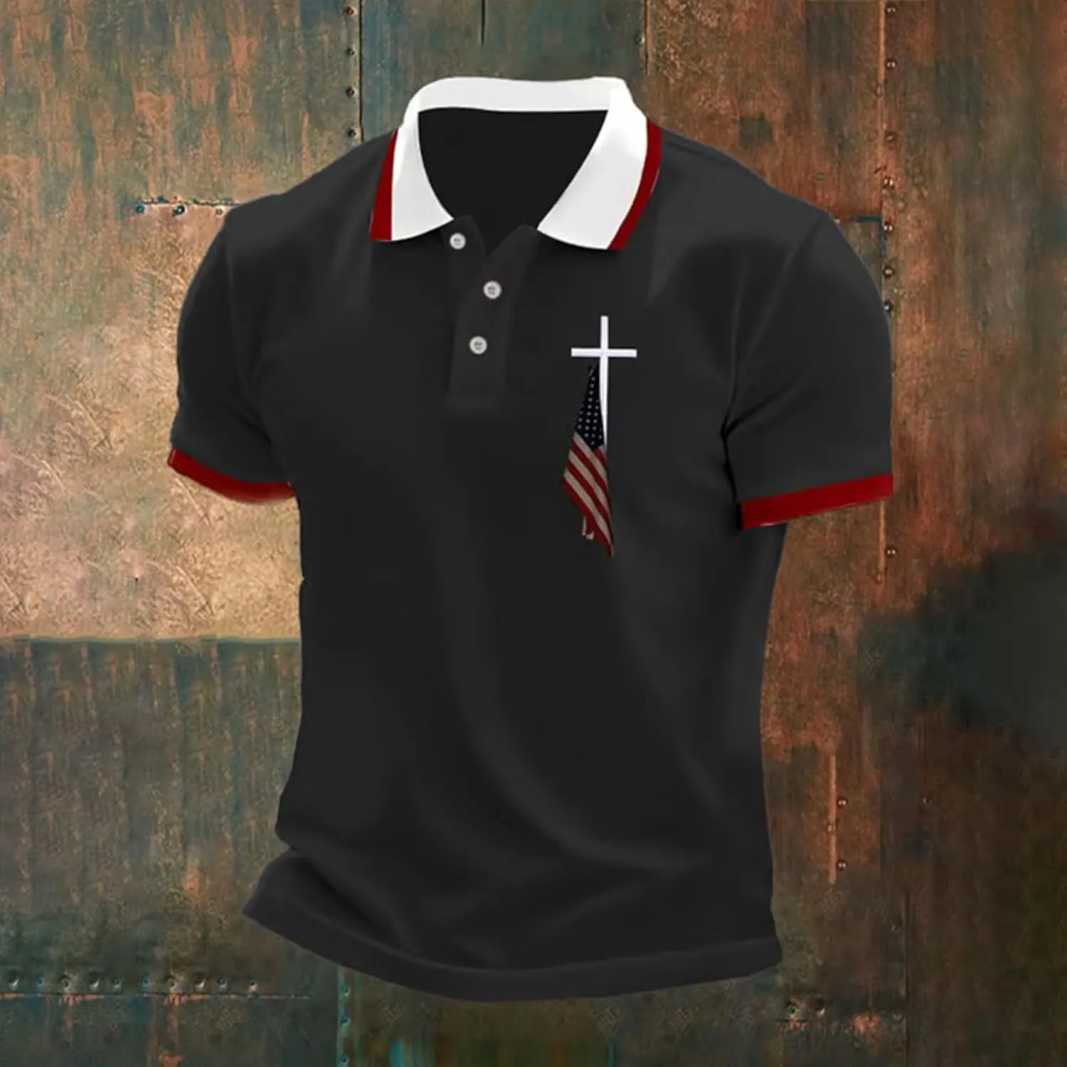 Men's Polo Shirts Short Sleeve American Flag Patriotic Shirt 4th of July Christian Cross USA Flag Print Tee Golf Tops