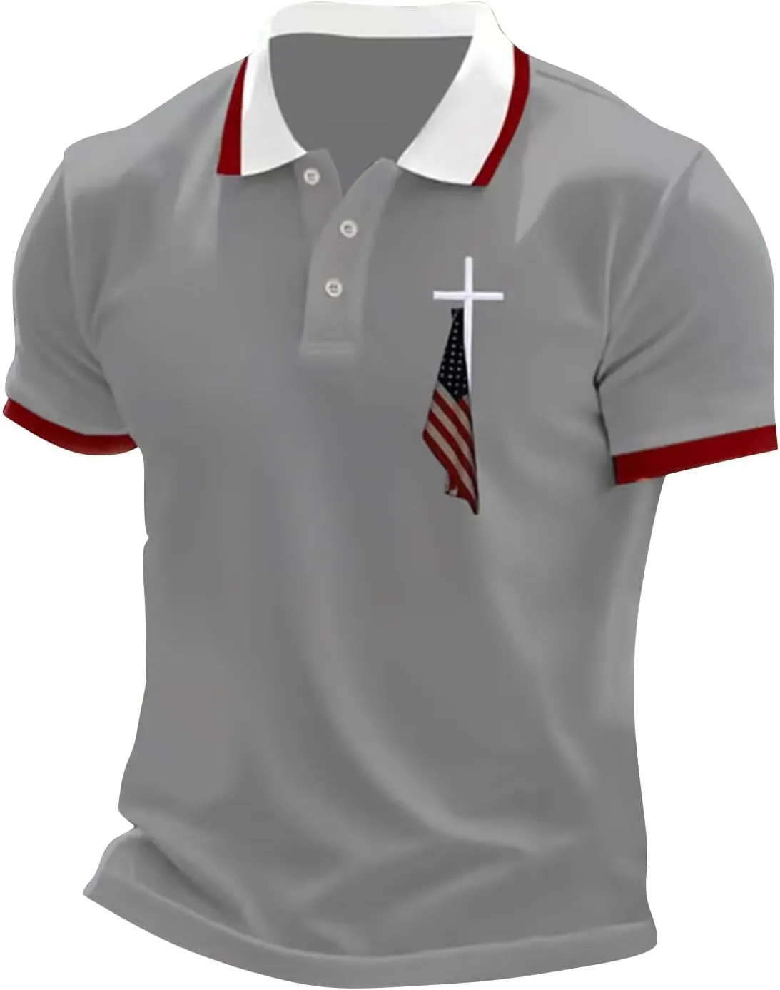 Men's Polo Shirts Short Sleeve American Flag Patriotic Shirt 4th of July Christian Cross USA Flag Print Tee Golf Tops