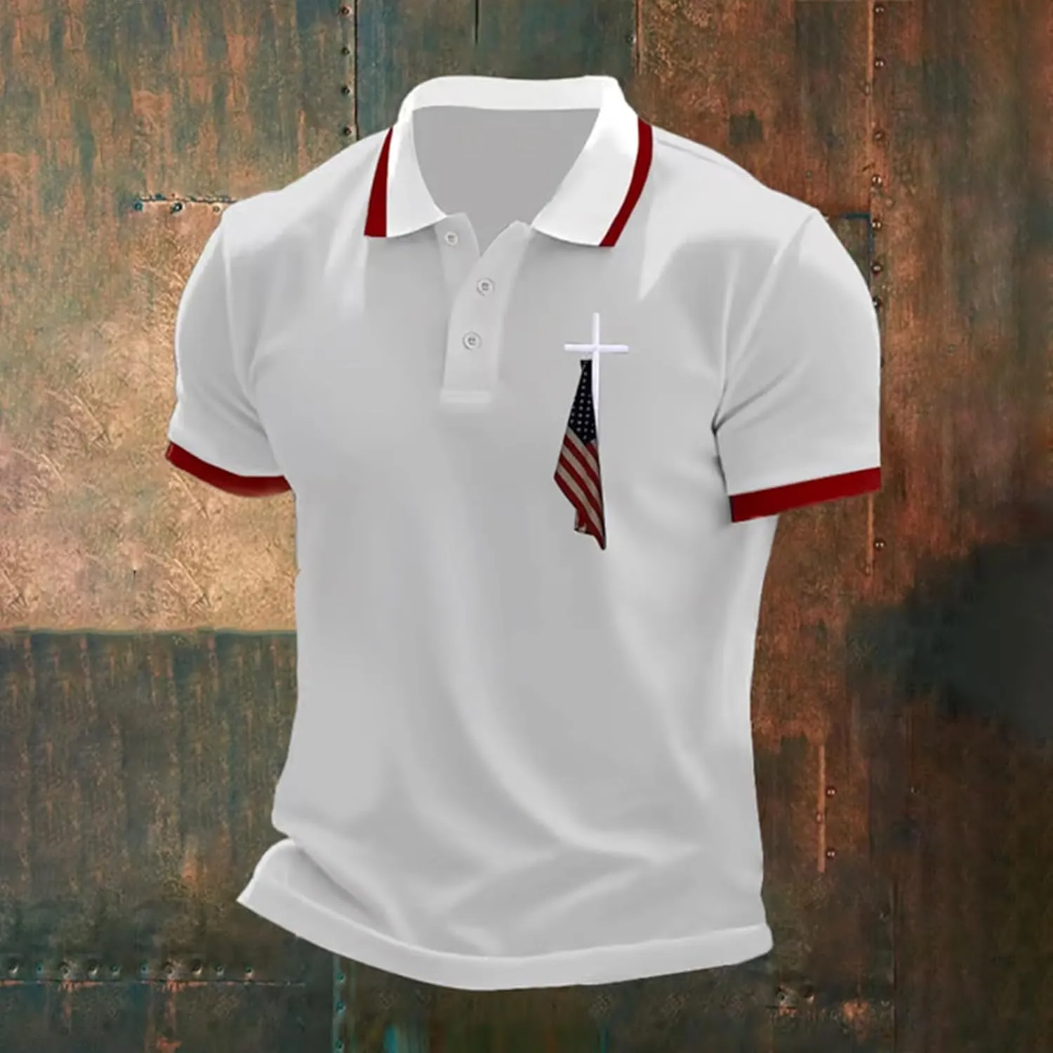 Men's Polo Shirts Short Sleeve American Flag Patriotic Shirt 4th of July Christian Cross USA Flag Print Tee Golf Tops