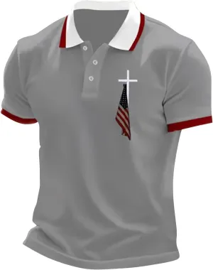 Men's Polo Shirts Short Sleeve American Flag Patriotic Shirt 4th of July Christian Cross USA Flag Print Tee Golf Tops