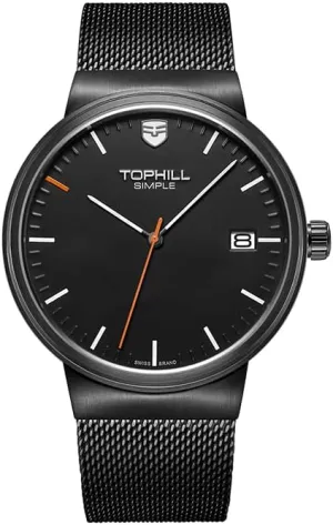 Men's Quartz Watch, Minimalist Fashion Ultra-Thin Wristwatch, Sapphire Crystal Date Display, 316L Stainless Steel Mesh Band, Waterproof 50M, Model TS005G