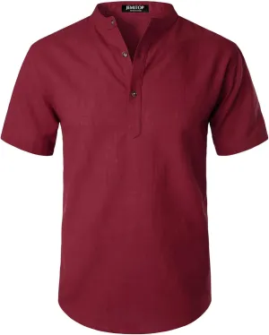 Men's Summer Lightweight Cotton Linen Shirts Casual Short Sleeve Breathable Banded Collar Henley for Beach Vacation