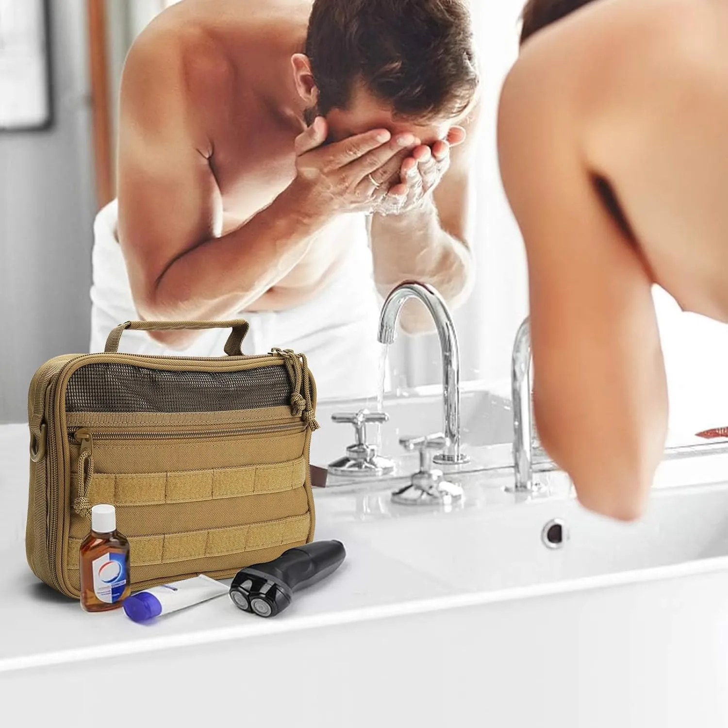 mens toiletry travel bag tactical toiletry bag hanging toiletry bag shower bag travel kit (Brown)