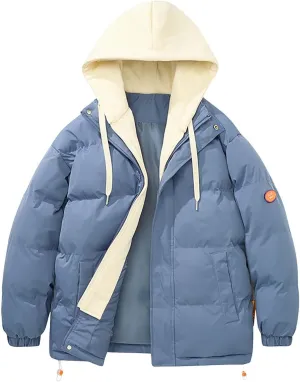 Mens Warm Puffer Jacket Warm Thick Full Zipper Waterproof Down Coats Winter Outdoor Skiing Coat with Detachable Hood