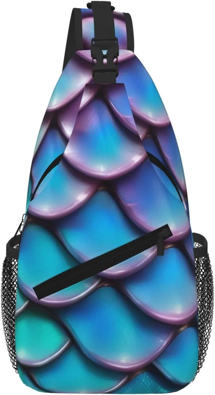 Mermaid Teal Fish Scale Fashion Print Crossbody Chest Bag - Adjustable Strap For Hiking And Working